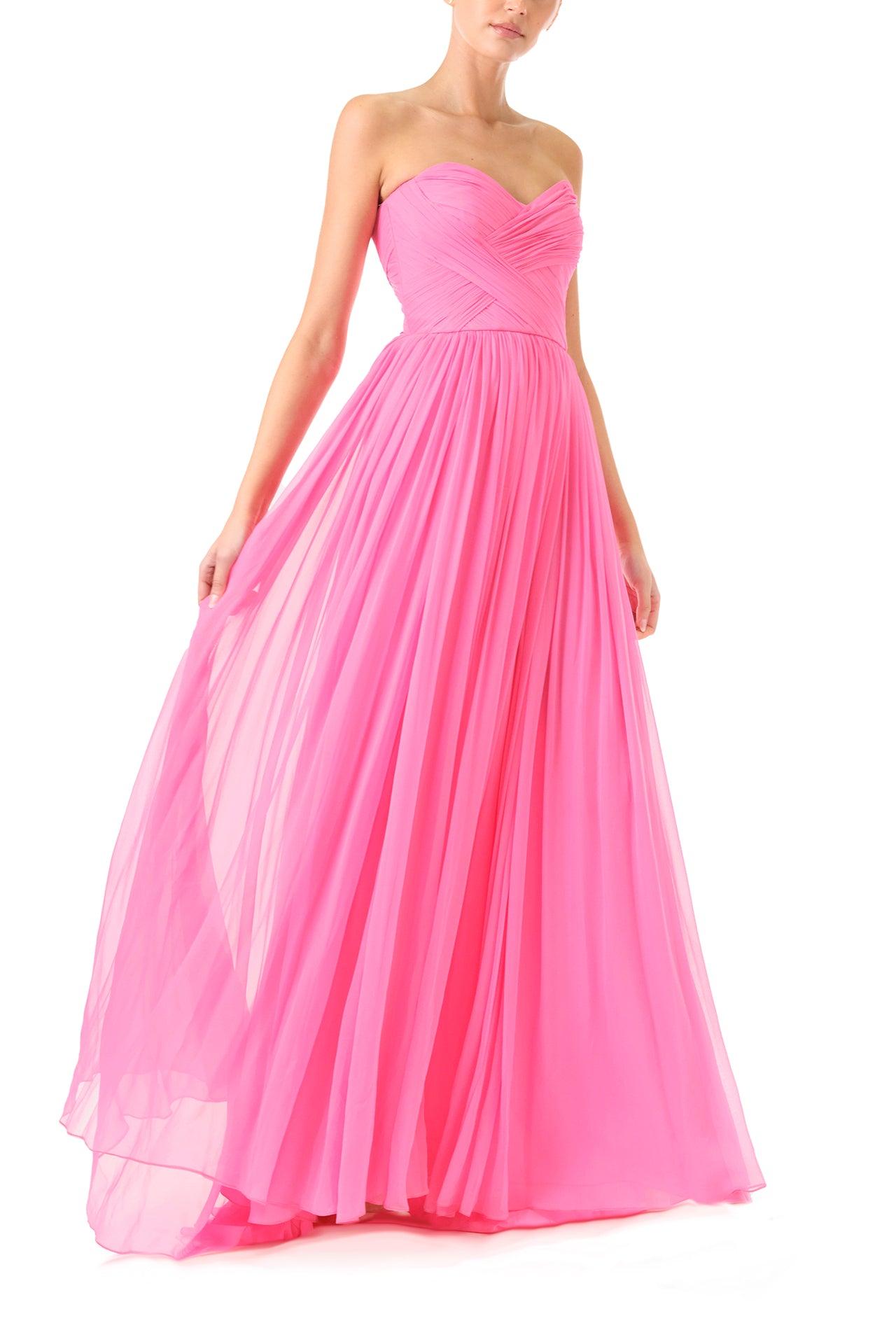 Monique Lhuillier Fall 2024 strapless pink chiffon gown with sweetheart neckline - fabric sheer.