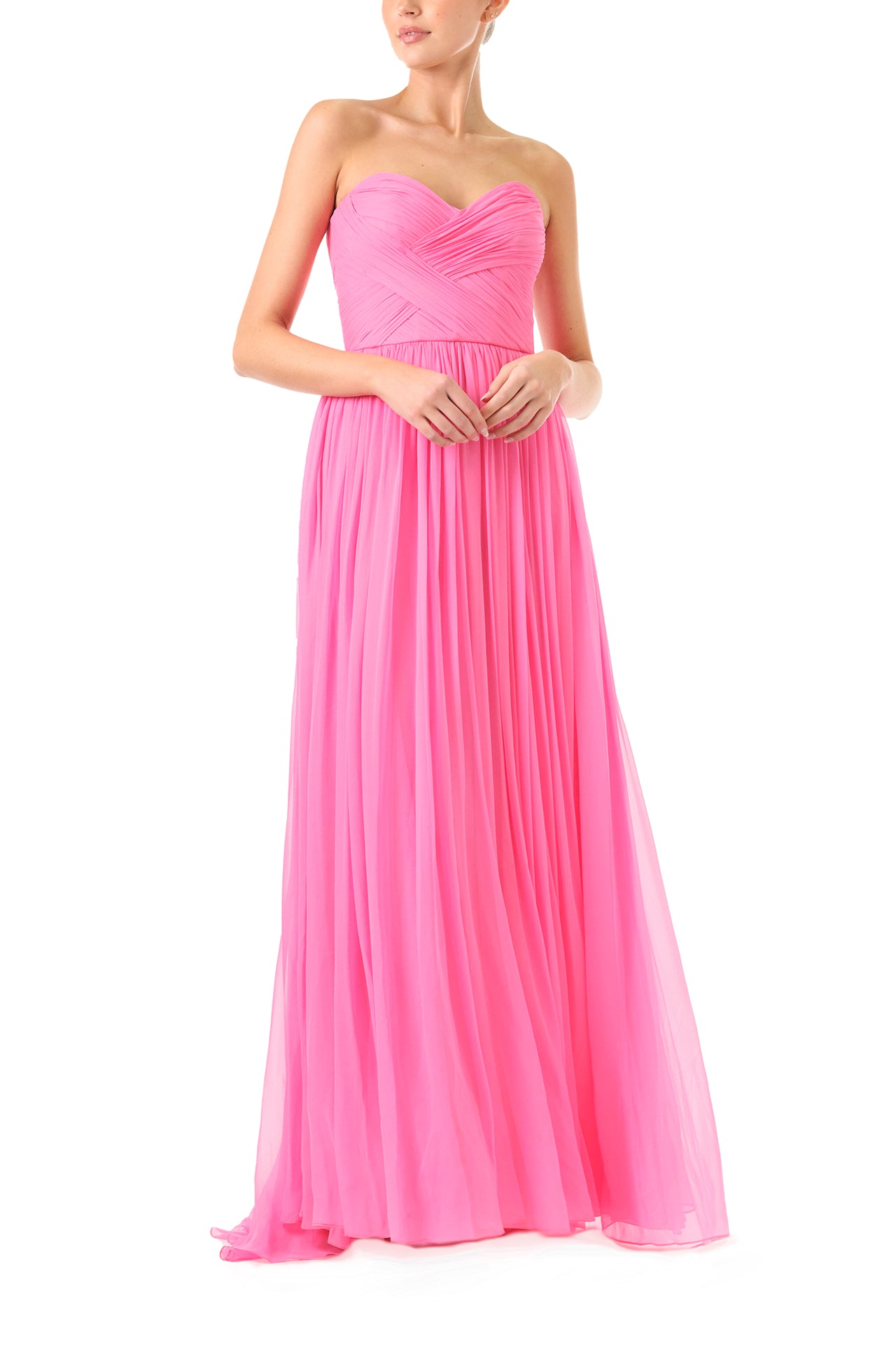 Monique Lhuillier Fall 2024 strapless pink chiffon gown with sweetheart neckline - front two.