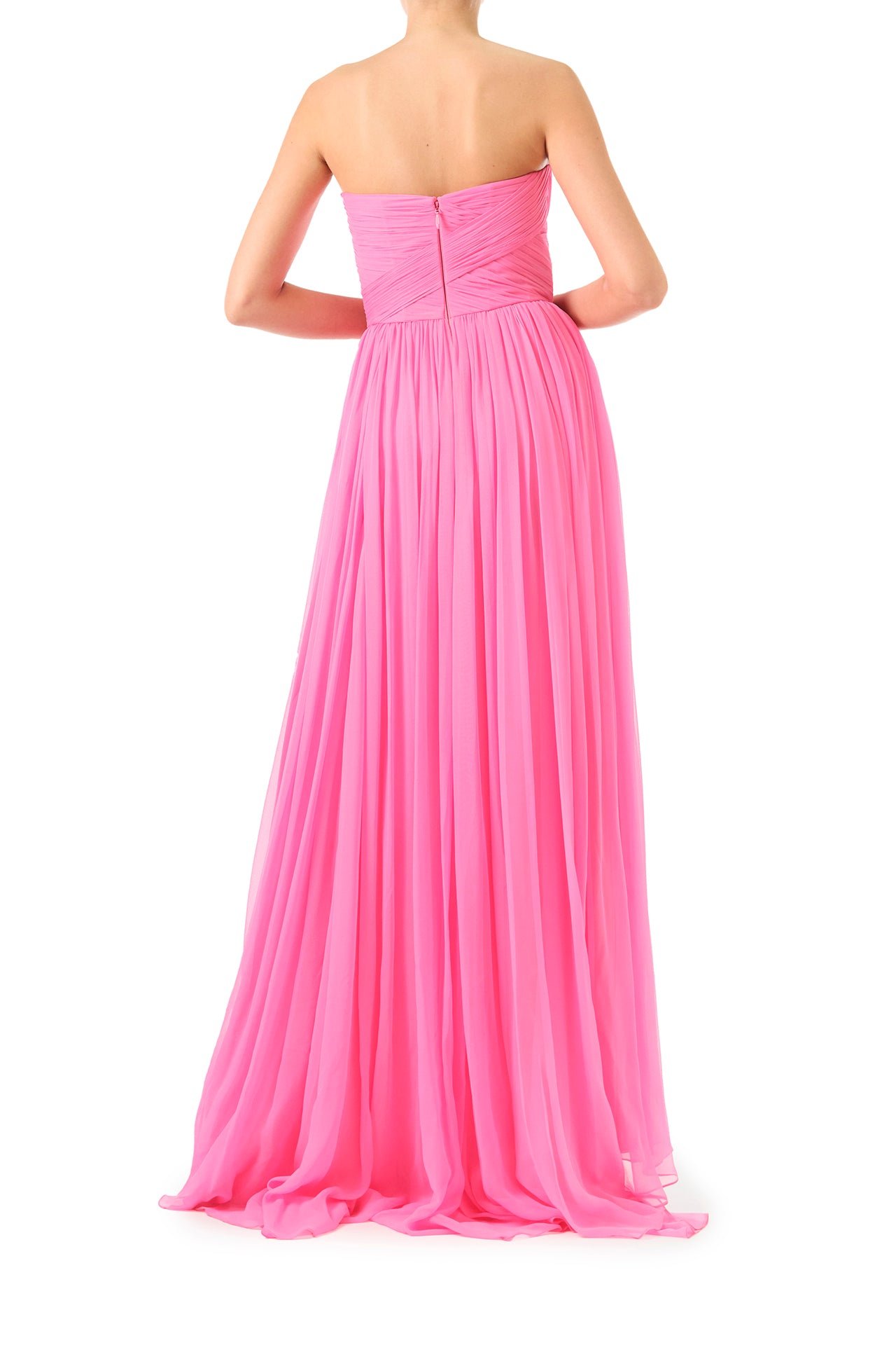 Monique Lhuillier Fall 2024 strapless pink chiffon gown with sweetheart neckline - back.