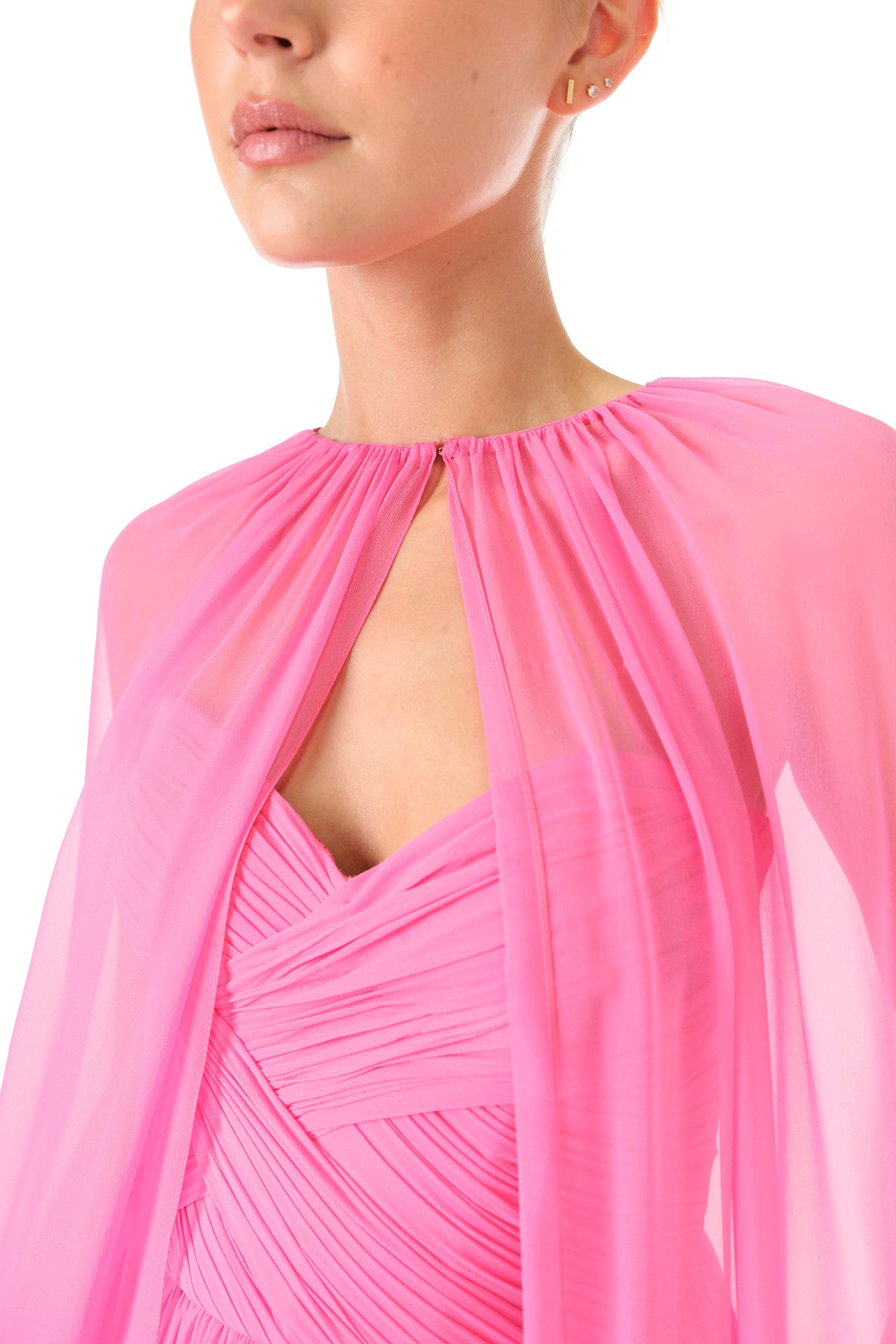 Monique Lhuillier Fall 2024 floor length, sheer pink chiffon  cape - neckline closure.