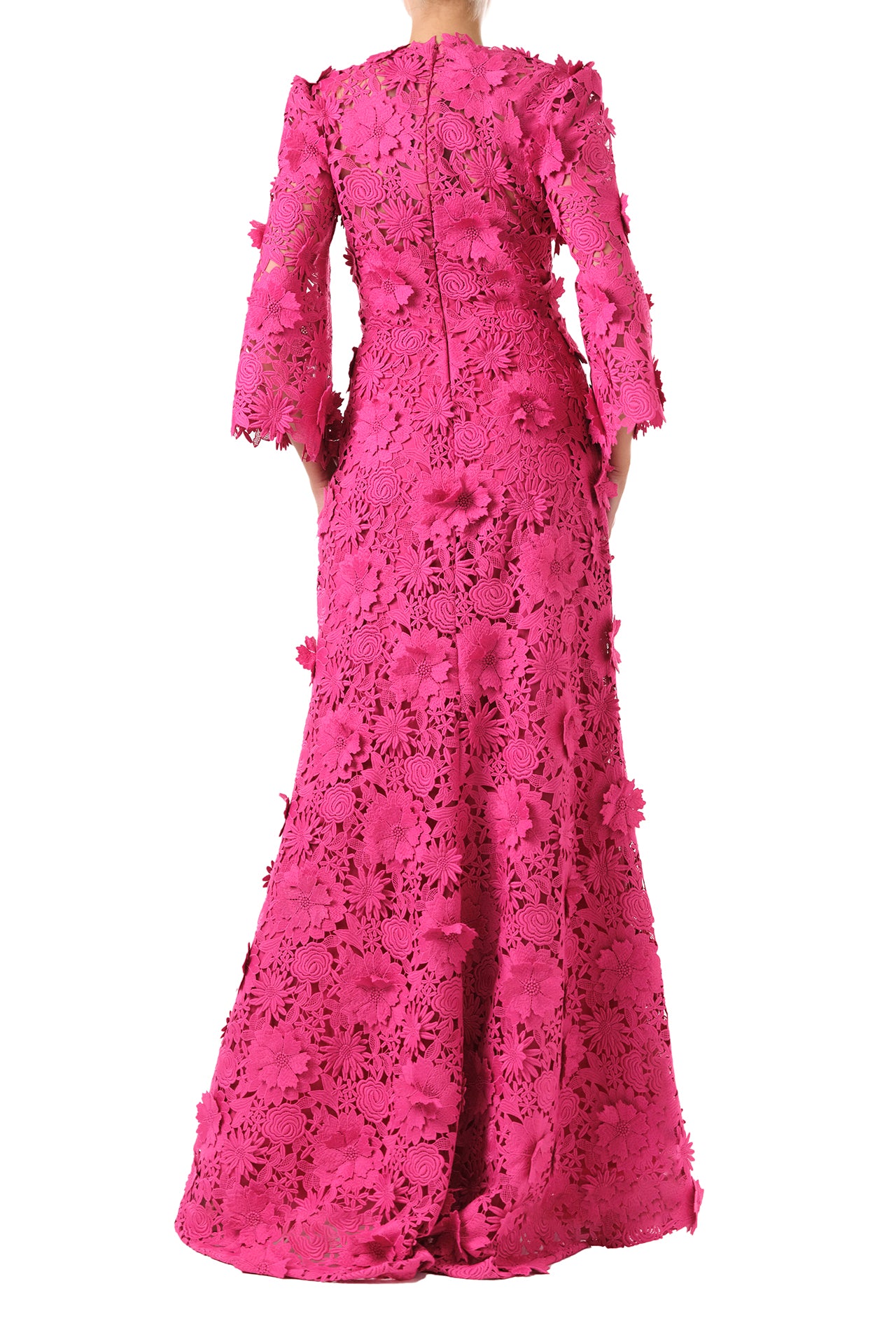 Monique Lhuillier Fall 2024 bell sleeve, floor length gown with deep v-neckline in Fuchsia 3D Guipure Lace - back.