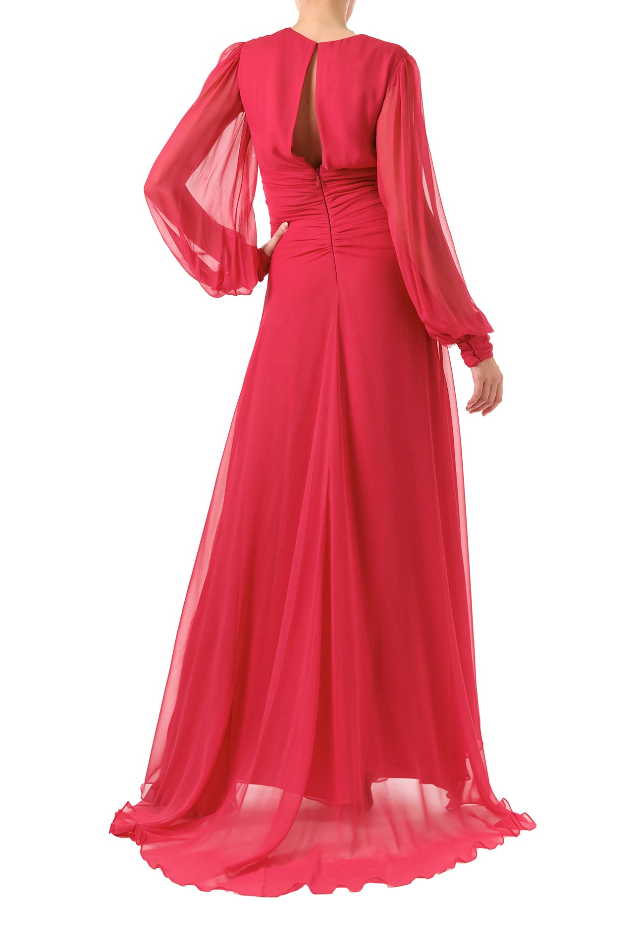 Monique Lhuillier Fall 2024 pomegranate chiffon, long sleeve gown with twist front detail, keyhole back and semi-sheer sleeves - back.
