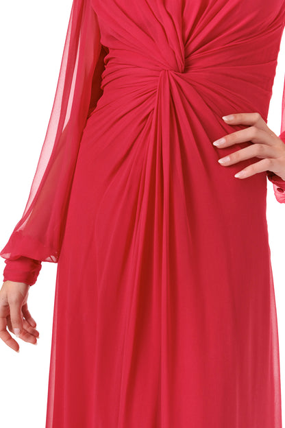 Monique Lhuillier Fall 2024 pomegranate chiffon, long sleeve gown with twist front detail, keyhole back and semi-sheer sleeves - twist front.