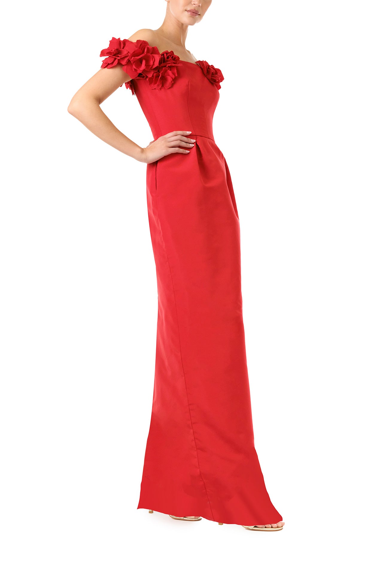 Monique Lhuillier Fall 2024 red silk faille, off the shoulder column gown with floral applique neckline - left side.