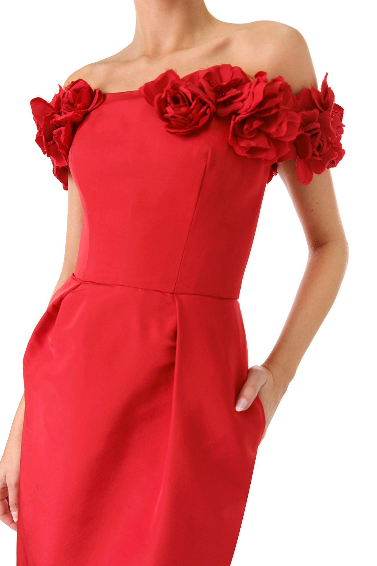 Monique Lhuillier Fall 2024 red silk faille, off the shoulder column gown with floral applique neckline - floral detail.