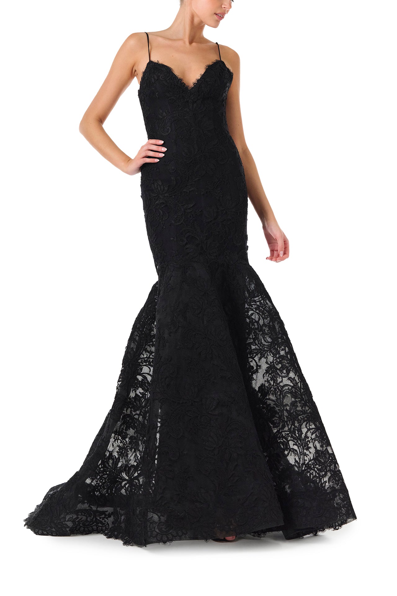 Monique Lhuillier Fall 2024 black lace, off-the-shoulder, draped gown with soft v-neck, spaghetti straps and caged trumpet skirt - front two.
