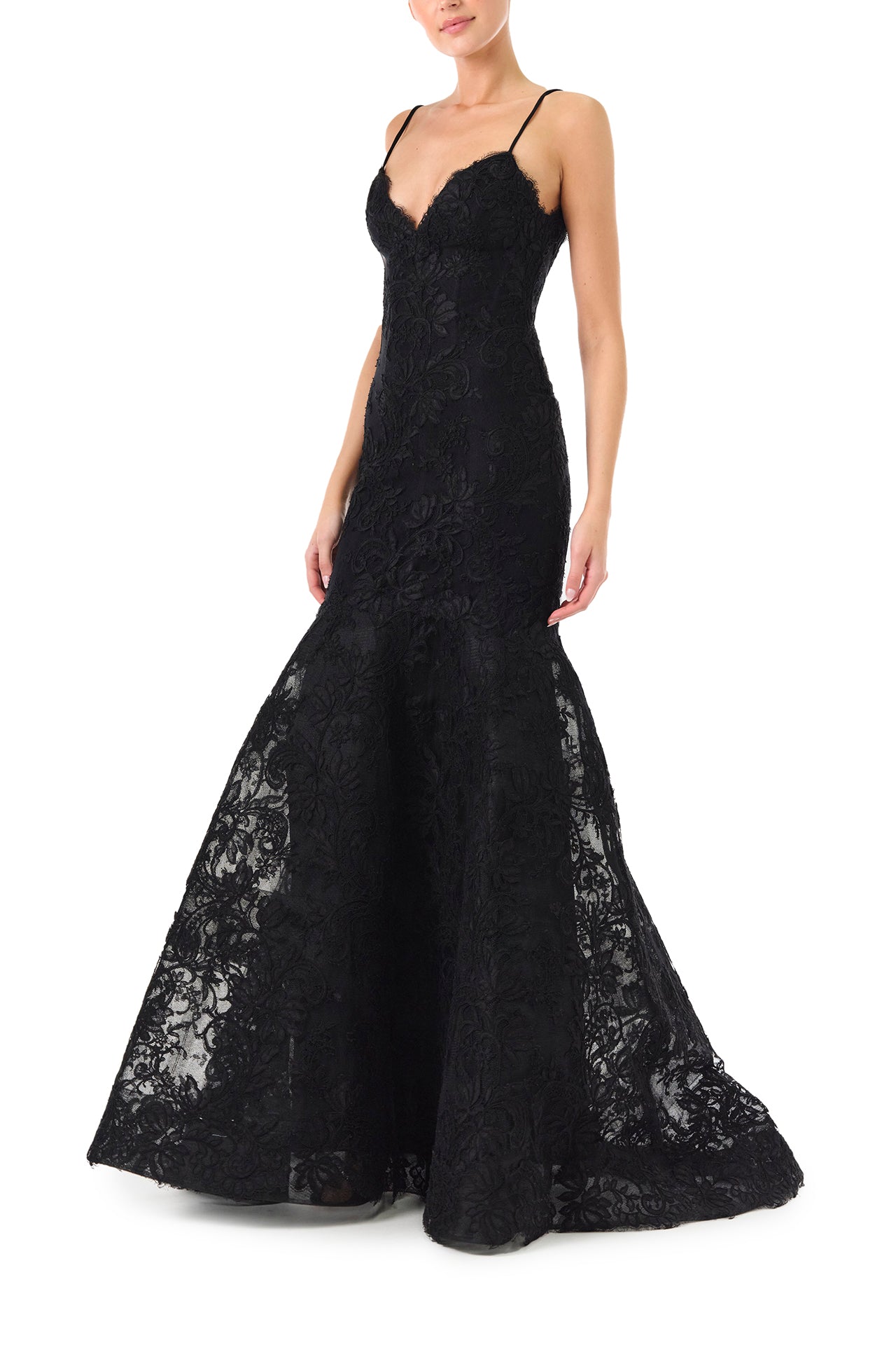 Monique Lhuillier Fall 2024 black lace, off-the-shoulder, draped gown with soft v-neck, spaghetti straps and caged trumpet skirt - left side.