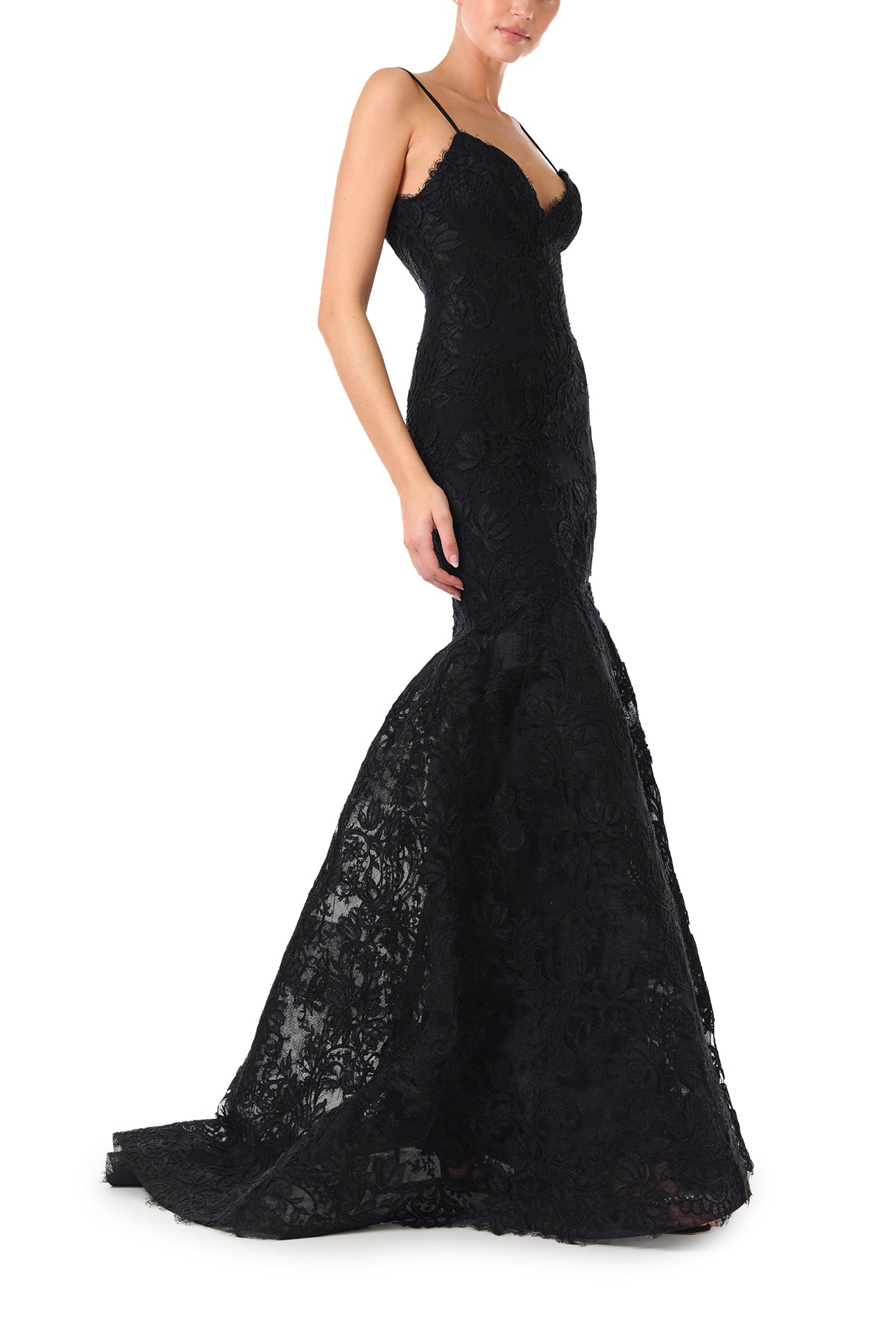 Monique Lhuillier Fall 2024 black lace, off-the-shoulder, draped gown with soft v-neck, spaghetti straps and caged trumpet skirt - right side.
