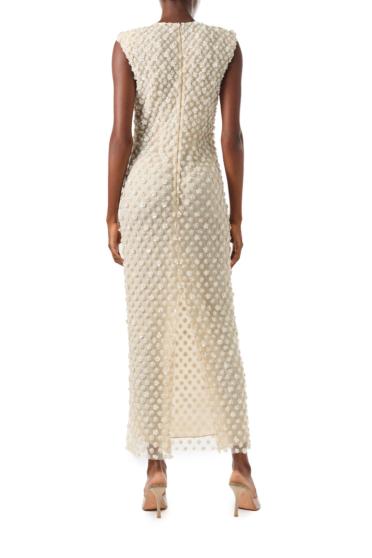 Monique Lhuillier Fall 2024 sleeveless, pearl embroidered sheath with jewel neckline - back.