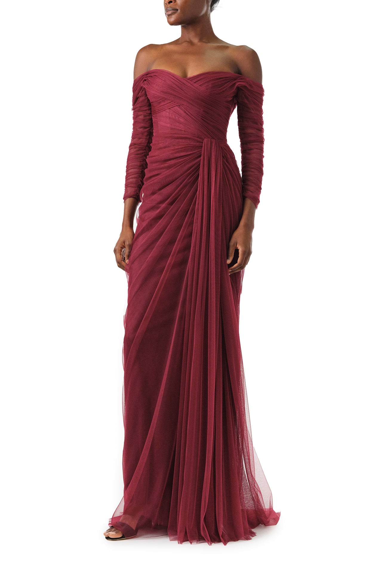 Monique Lhuillier Fall 2024 Off the shoulder draped tulle gown with low V-back, long sleeves and corseted bodice in Merlot - side two.