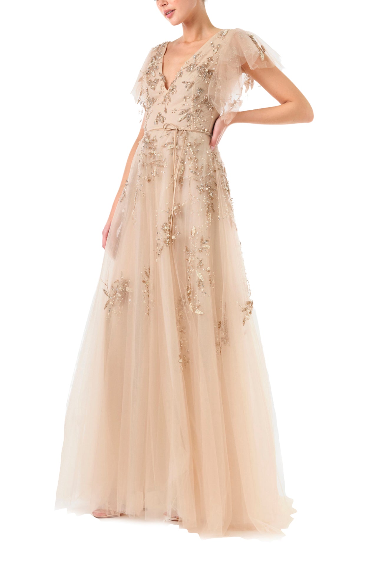 Monique Lhuillier Fall 2024 gold embroidered, flutter sleeve tulle gown with V-neckline and dainty velvet sash at waist - left side.