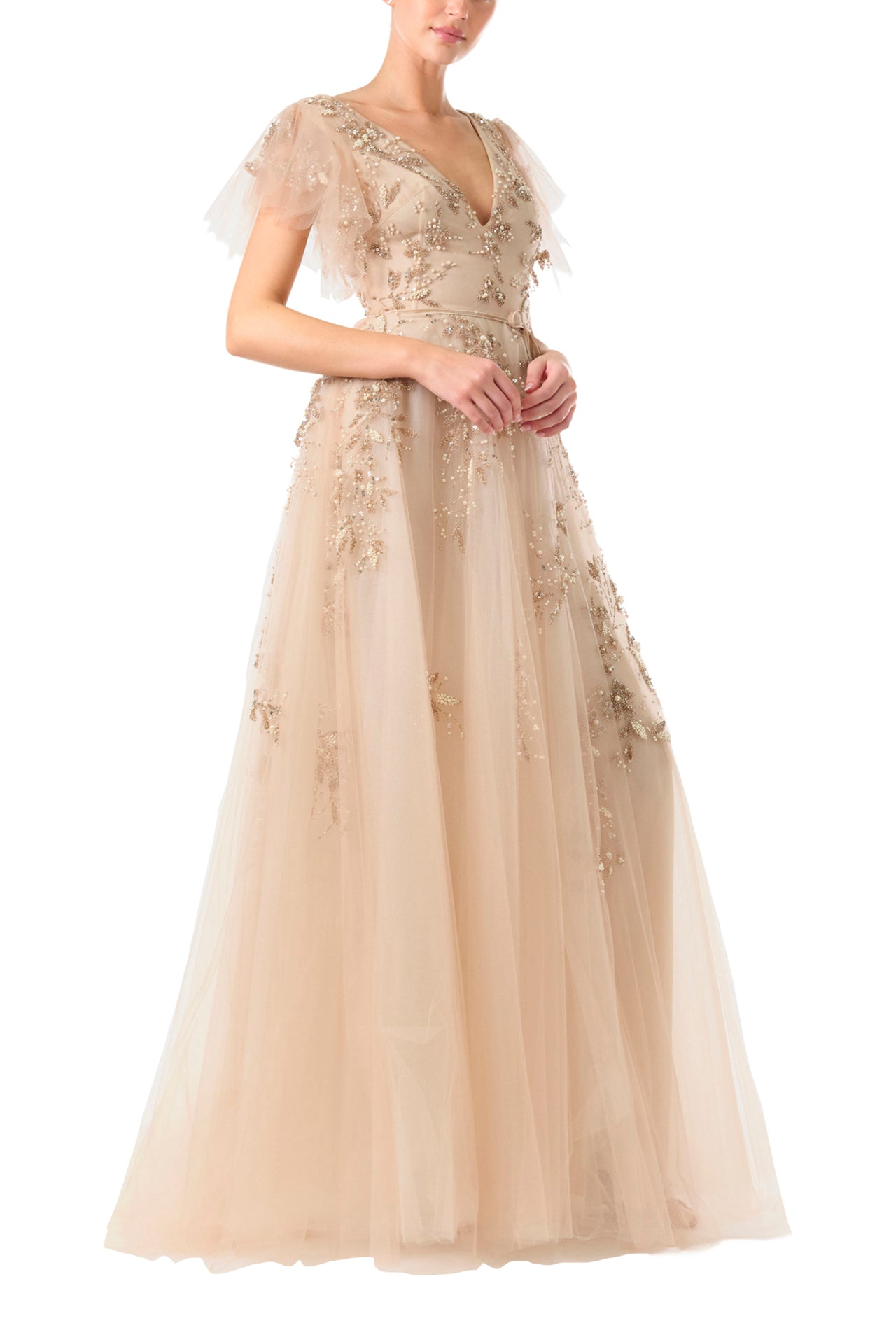 Monique Lhuillier Fall 2024 gold embroidered, flutter sleeve tulle gown with V-neckline and dainty velvet sash at waist - right side.