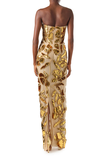 Monique Lhuillier Fall 2024 strapless column gown in gold embroidered tulle - back.