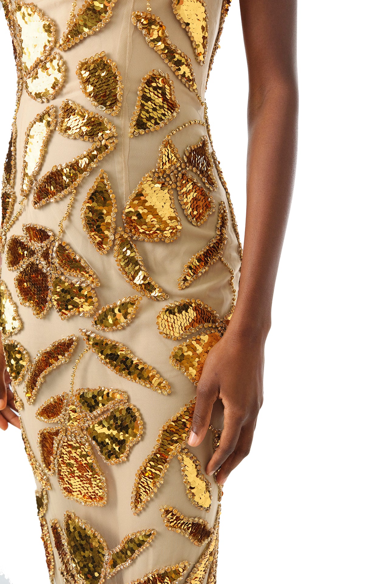 Monique Lhuillier Fall 2024 strapless column gown in gold embroidered tulle - fabric detail.