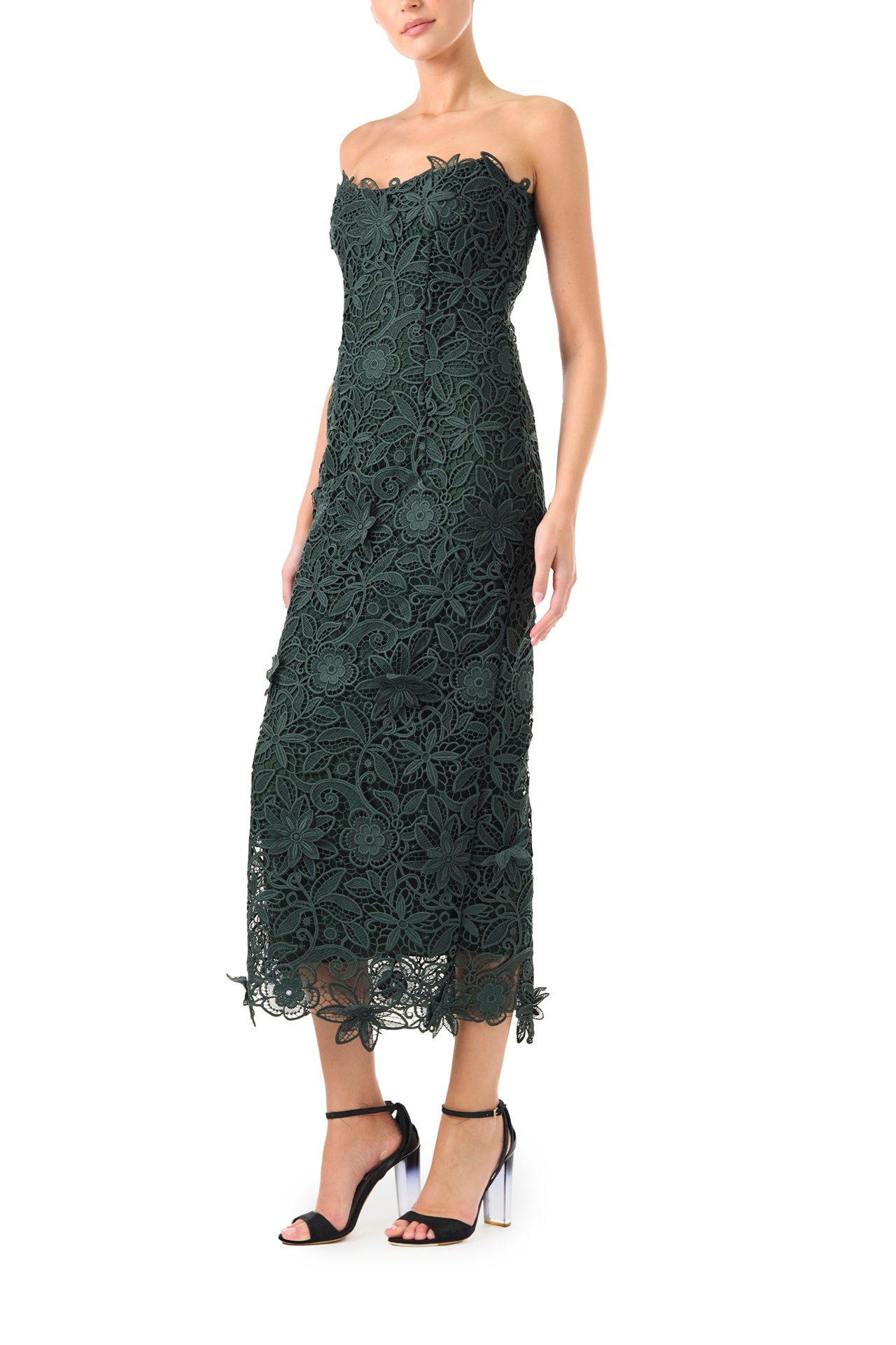 Monique Lhuillier Fall 2024 Strapless, Juniper lace sheath dress with lace scalloped neckline and hem - left side.
