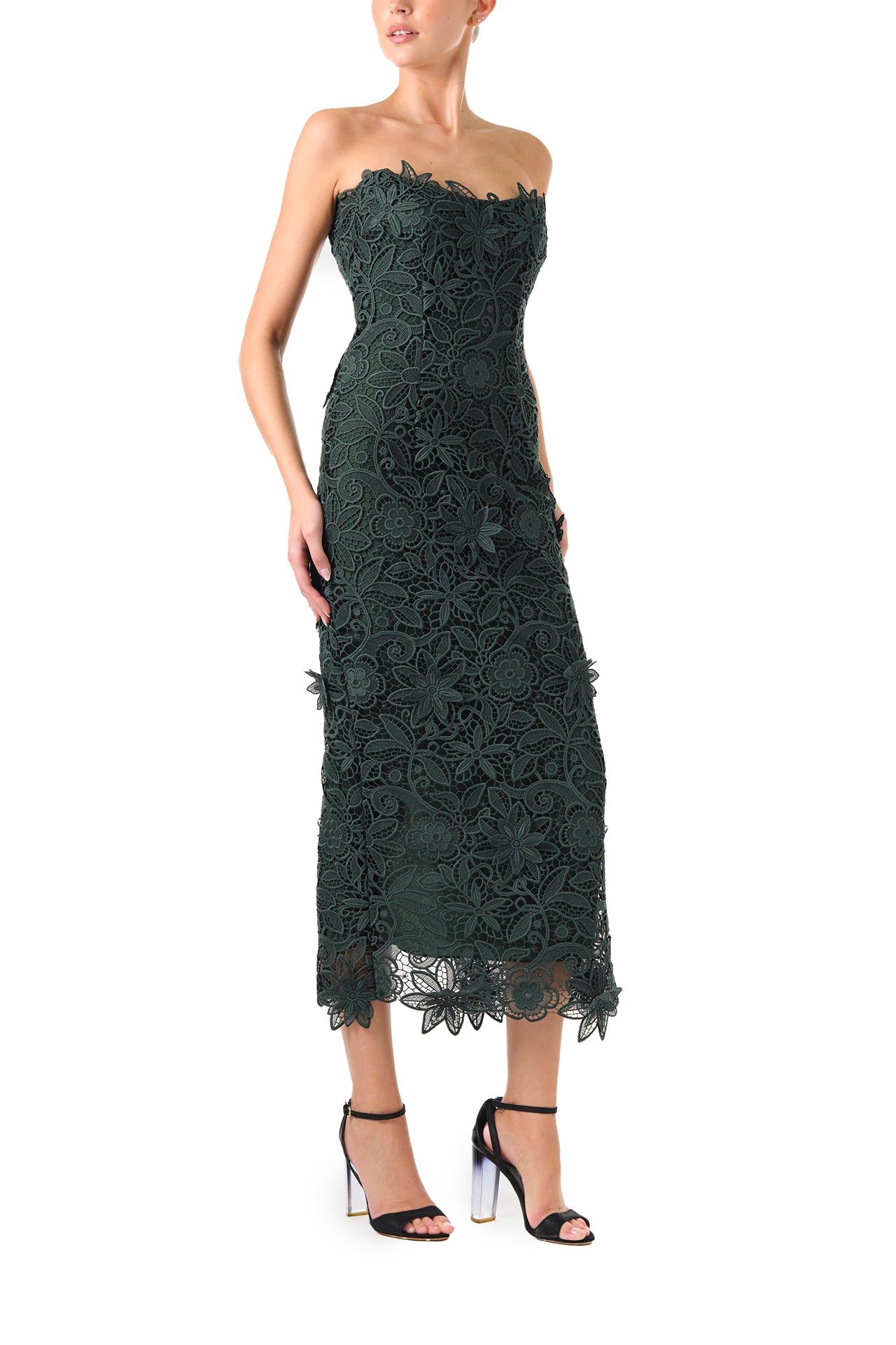 Monique Lhuillier Fall 2024 Strapless, Juniper lace sheath dress with lace scalloped neckline and hem - right side.