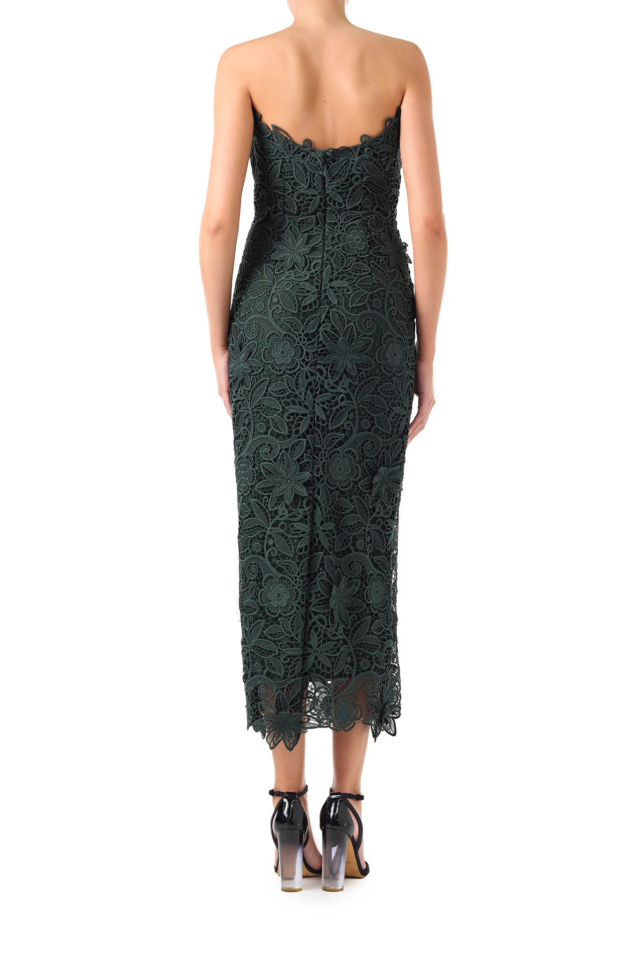 Monique Lhuillier Fall 2024 Strapless, Juniper lace sheath dress with lace scalloped neckline and hem - back.