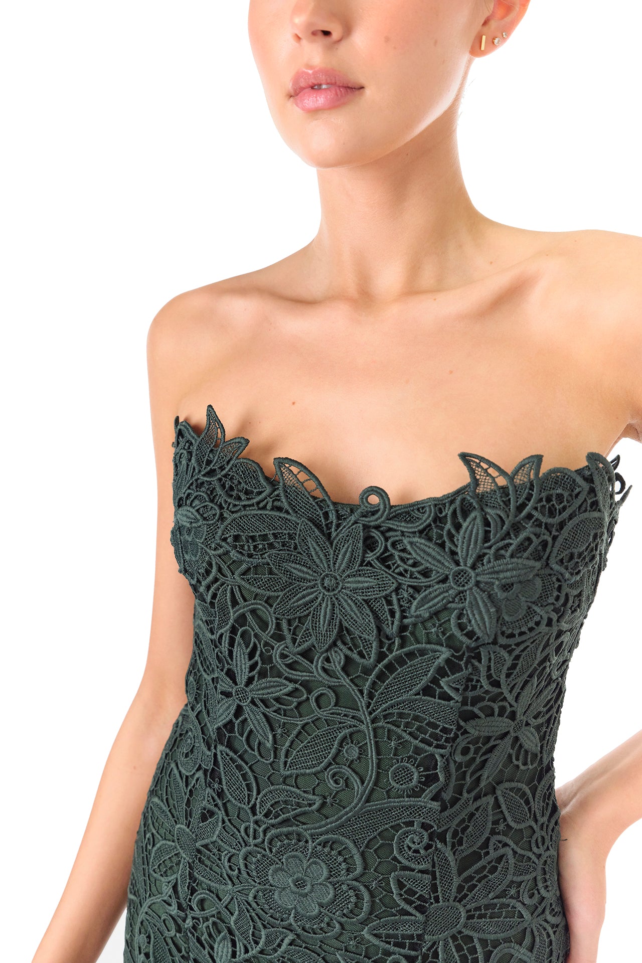 Monique Lhuillier Fall 2024 Strapless, Juniper lace sheath dress with lace scalloped neckline and hem - neckline.