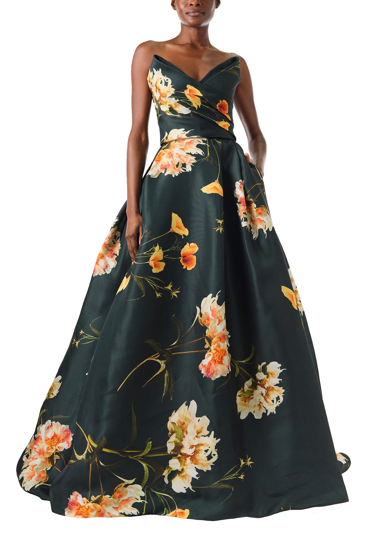 Monique Lhuillier Fall 2024 Strapless, V-neck ballgown with draped bodice, full skirt and pockets in Juniper Floral Print Gazar - front.