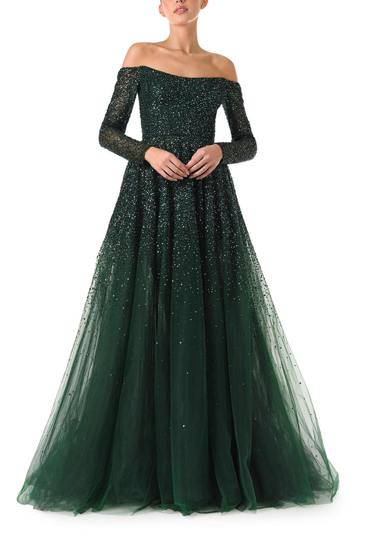 Monique Lhuillier Fall 2024 Juniper green embroidered tulle gown with long sleeves and off the shoulder neckline - front.