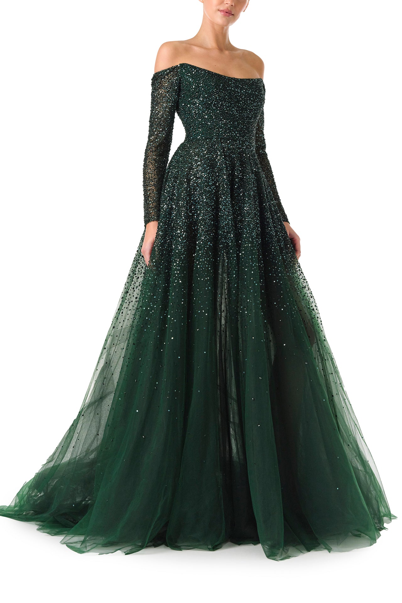 Monique Lhuillier Fall 2024 Juniper green embroidered tulle gown with long sleeves and off the shoulder neckline - side.