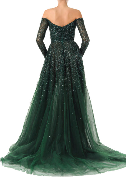 Monique Lhuillier Fall 2024 Juniper green embroidered tulle gown with long sleeves and off the shoulder neckline - back.