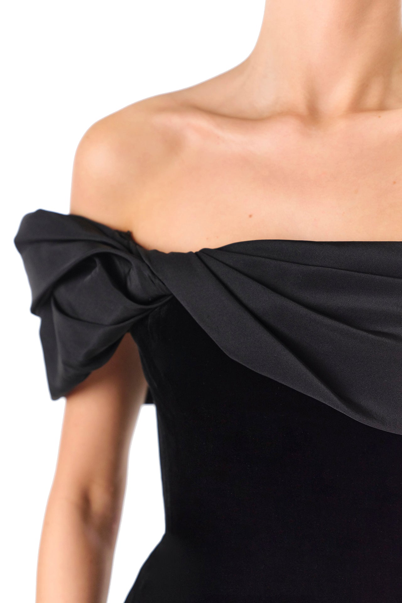 Monique Lhuillier Fall 2024 black off the shoulder, structured mini dress with draped asymmetric neckline - neckline two.