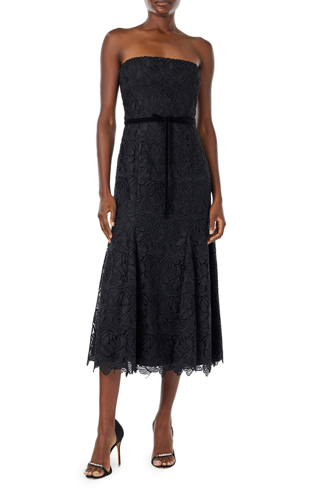 ML Monique Lhuillier strapless black lace dress with ribbon accent at waist.