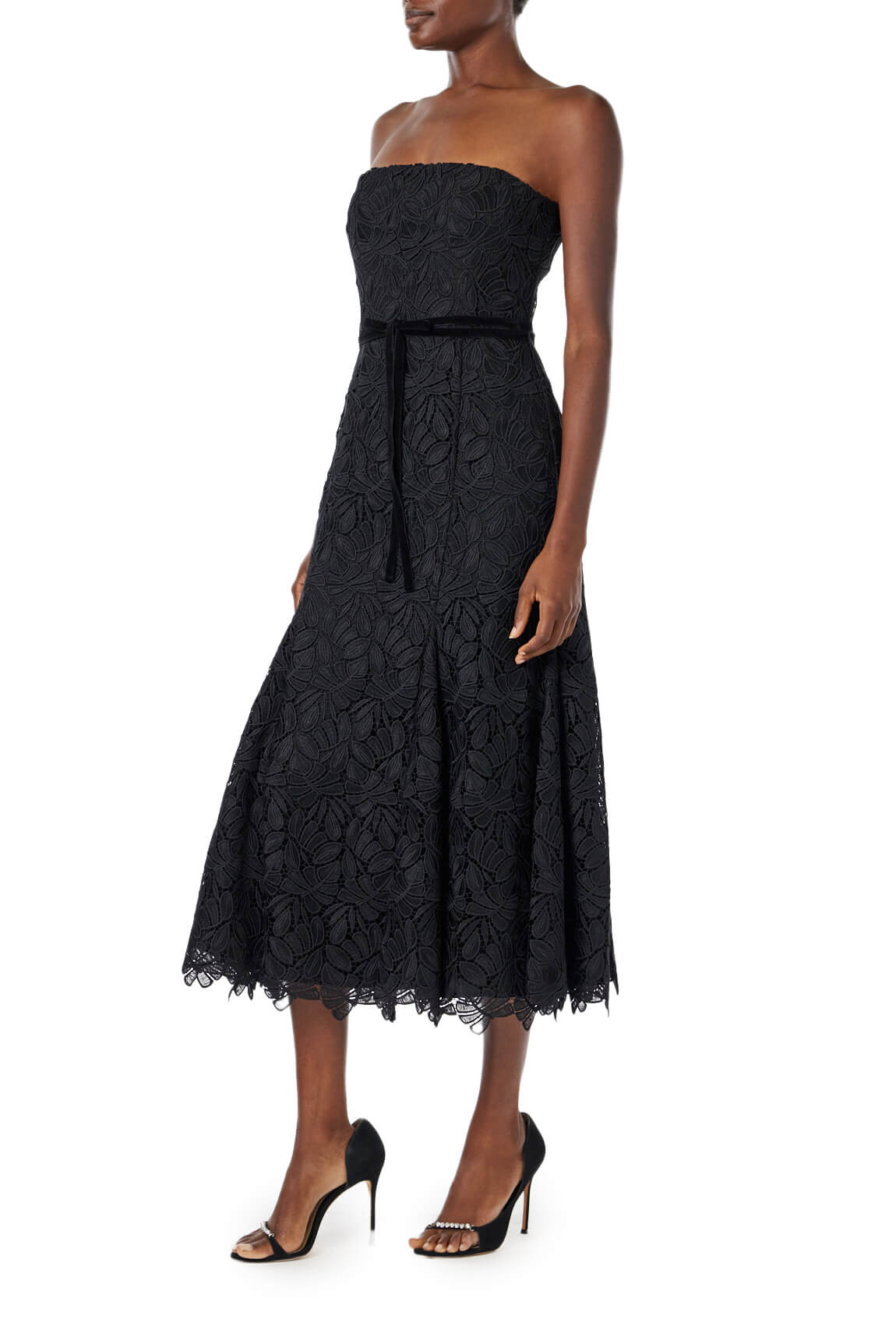 ML Monique Lhuillier strapless black lace dress with ribbon accent at waist.