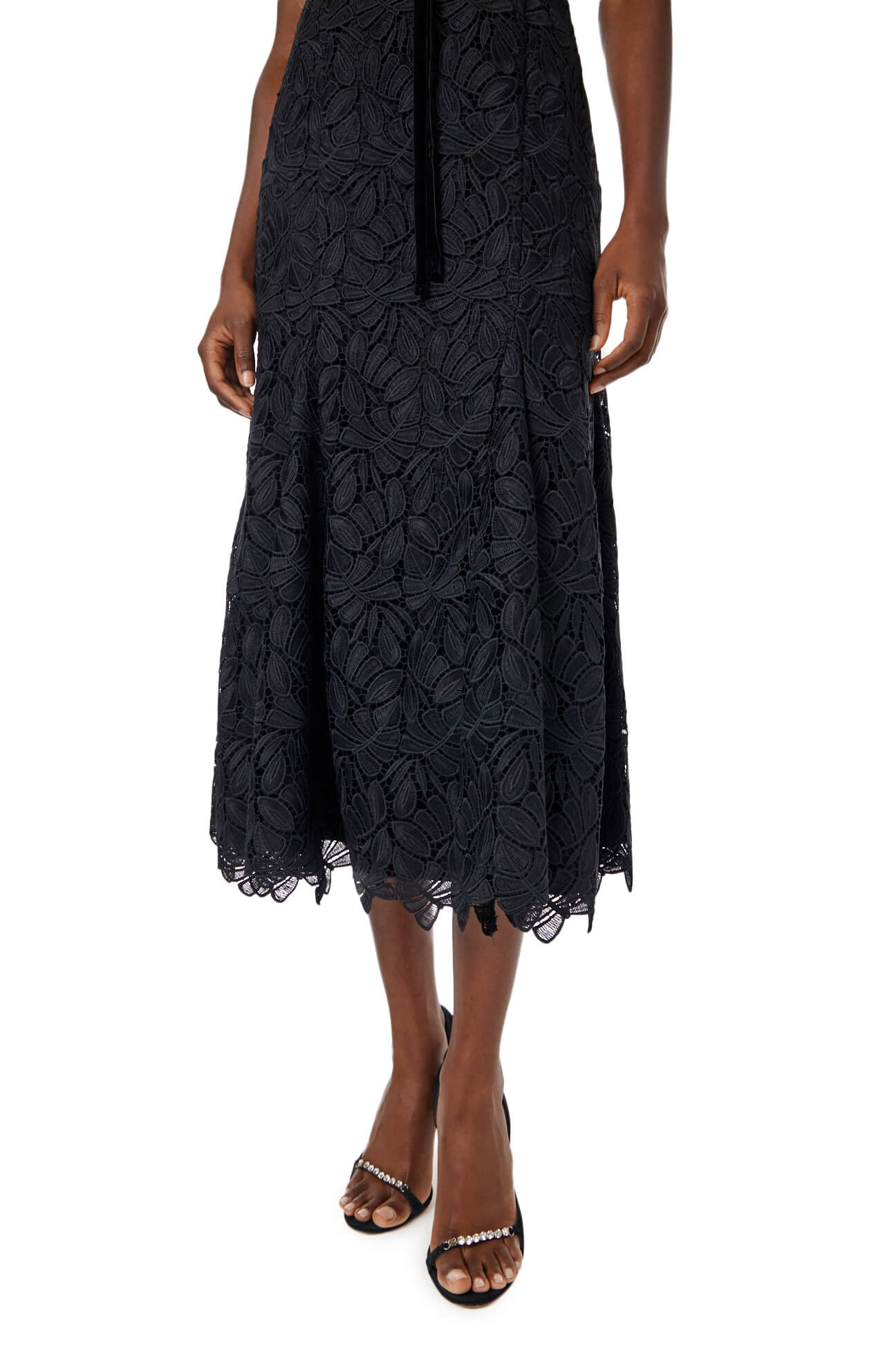 ML Monique Lhuillier strapless black lace dress with ribbon accent at waist.