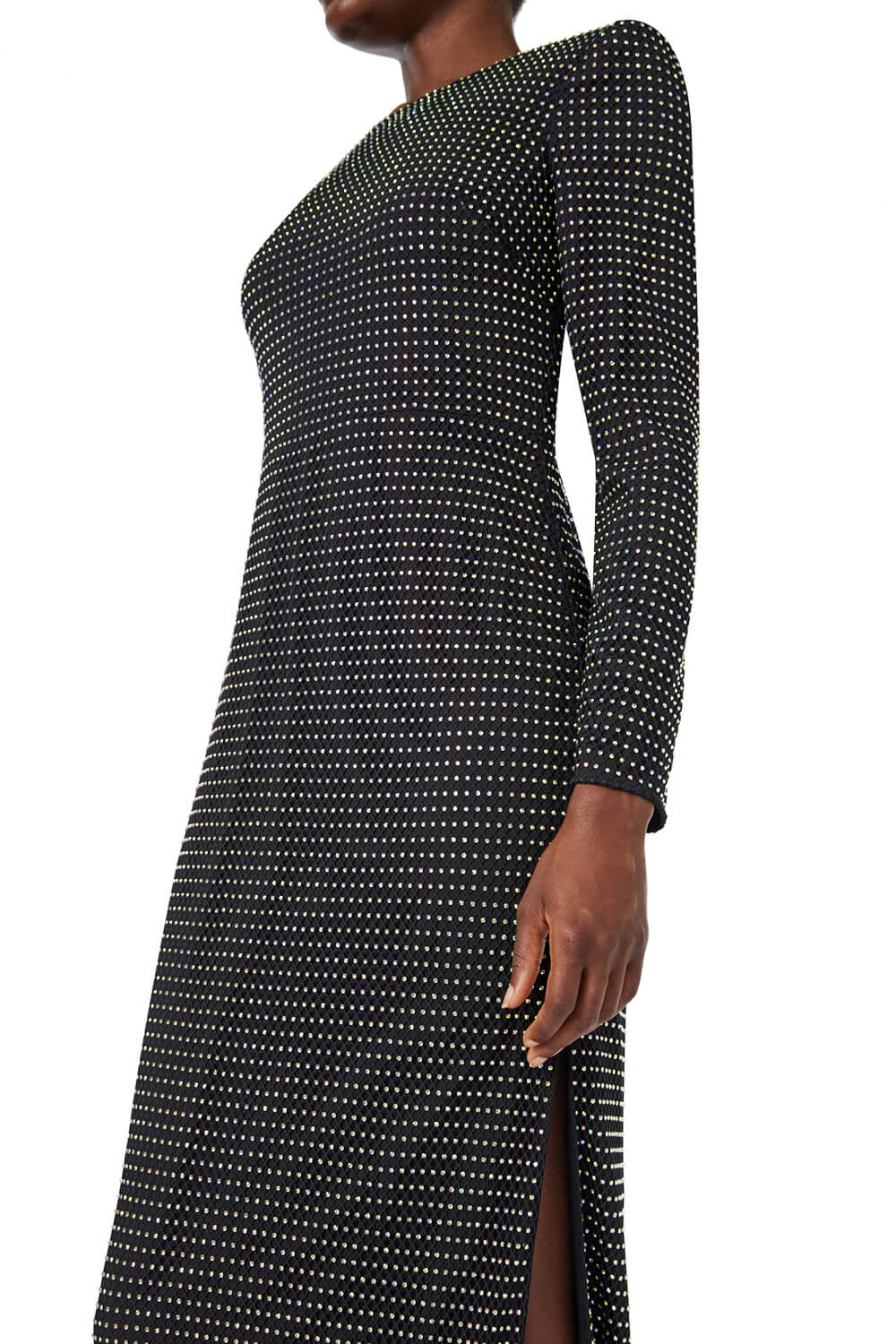 ML Monique Lhuillier long sleeve black dress with crystal dots all-over and side leg slit.