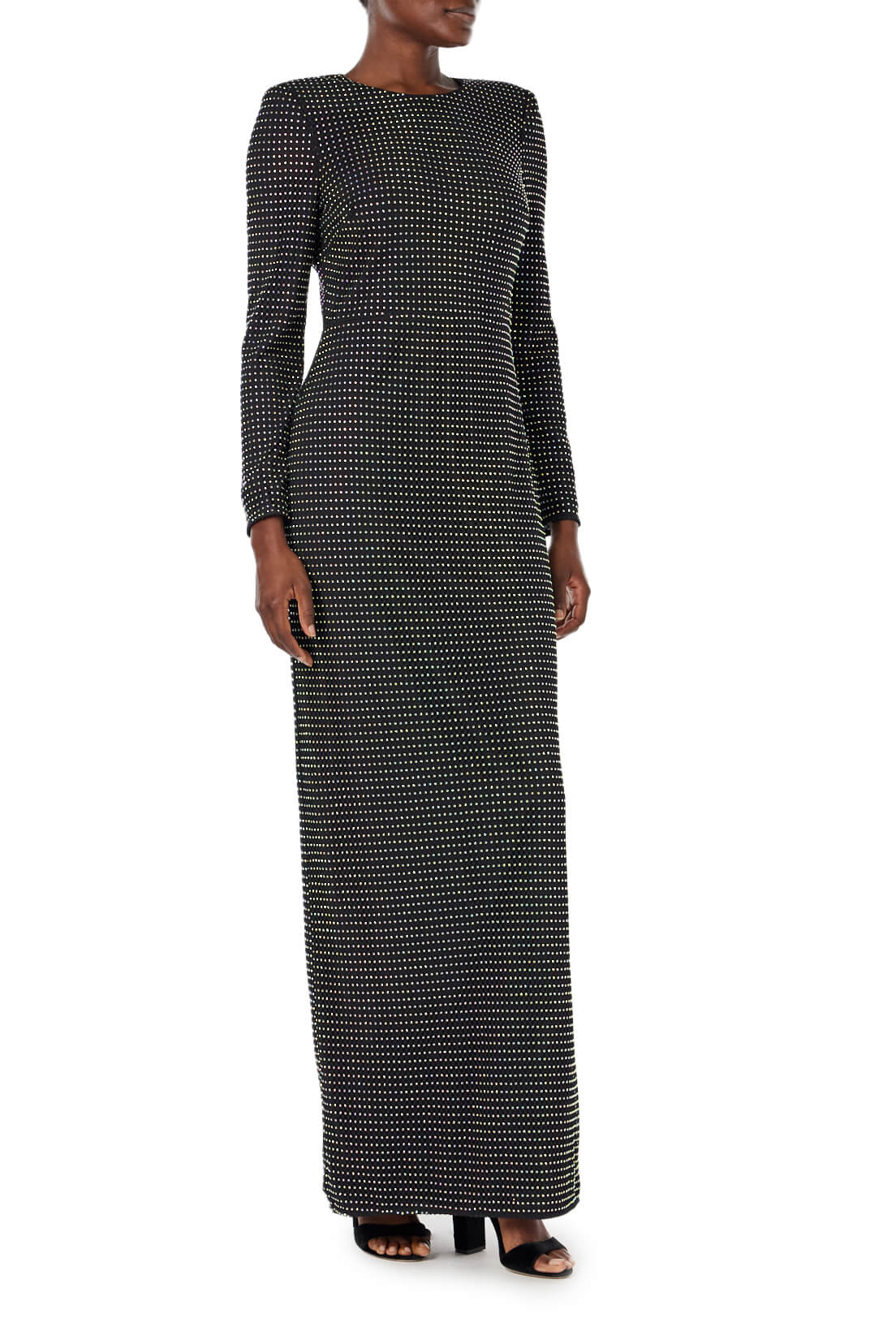 ML Monique Lhuillier long sleeve black dress with crystal dots all-over and side leg slit.