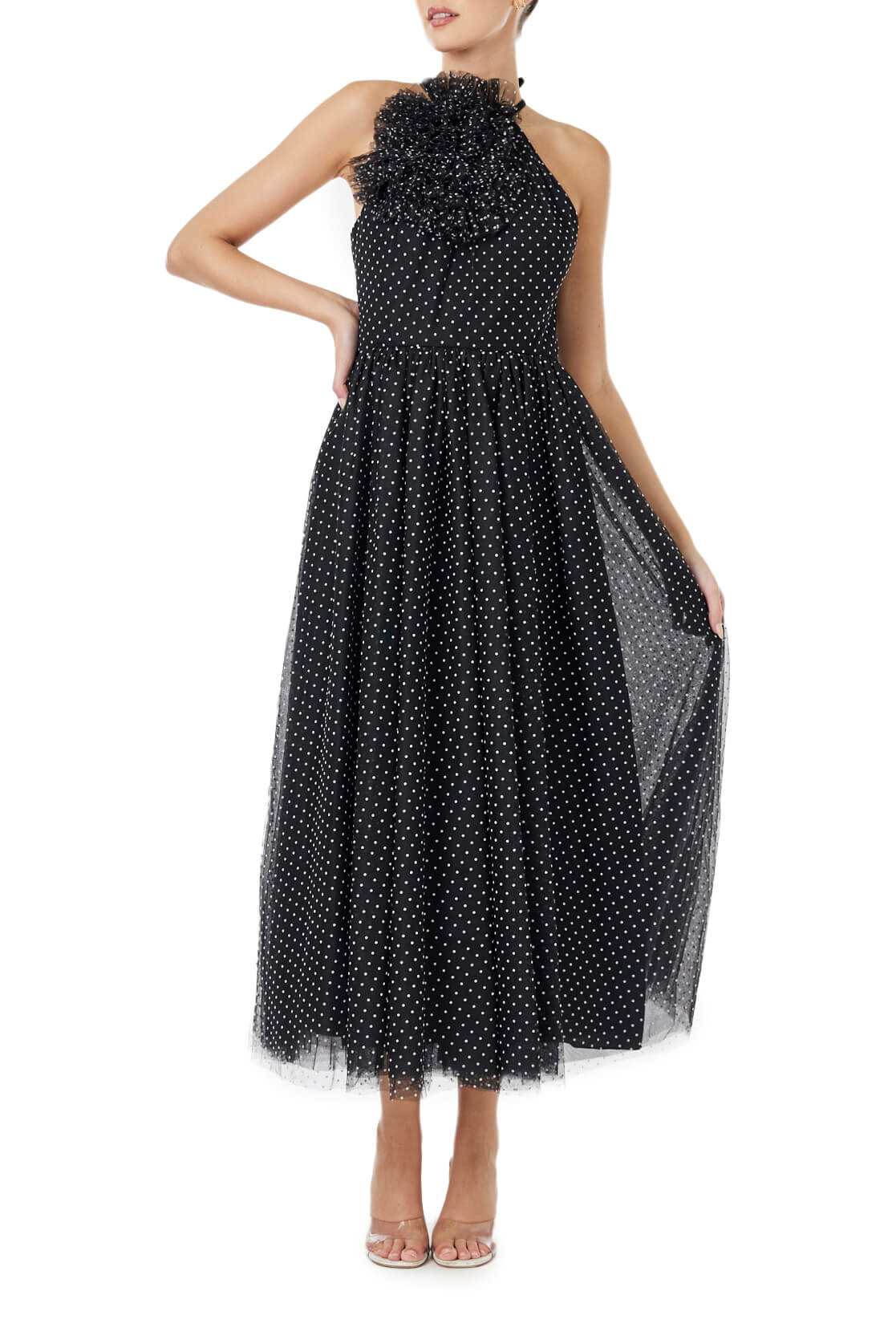 ML Monique Lhuillier midi length halter dress with puff accent at neckline in black and white dotted tulle fabric.