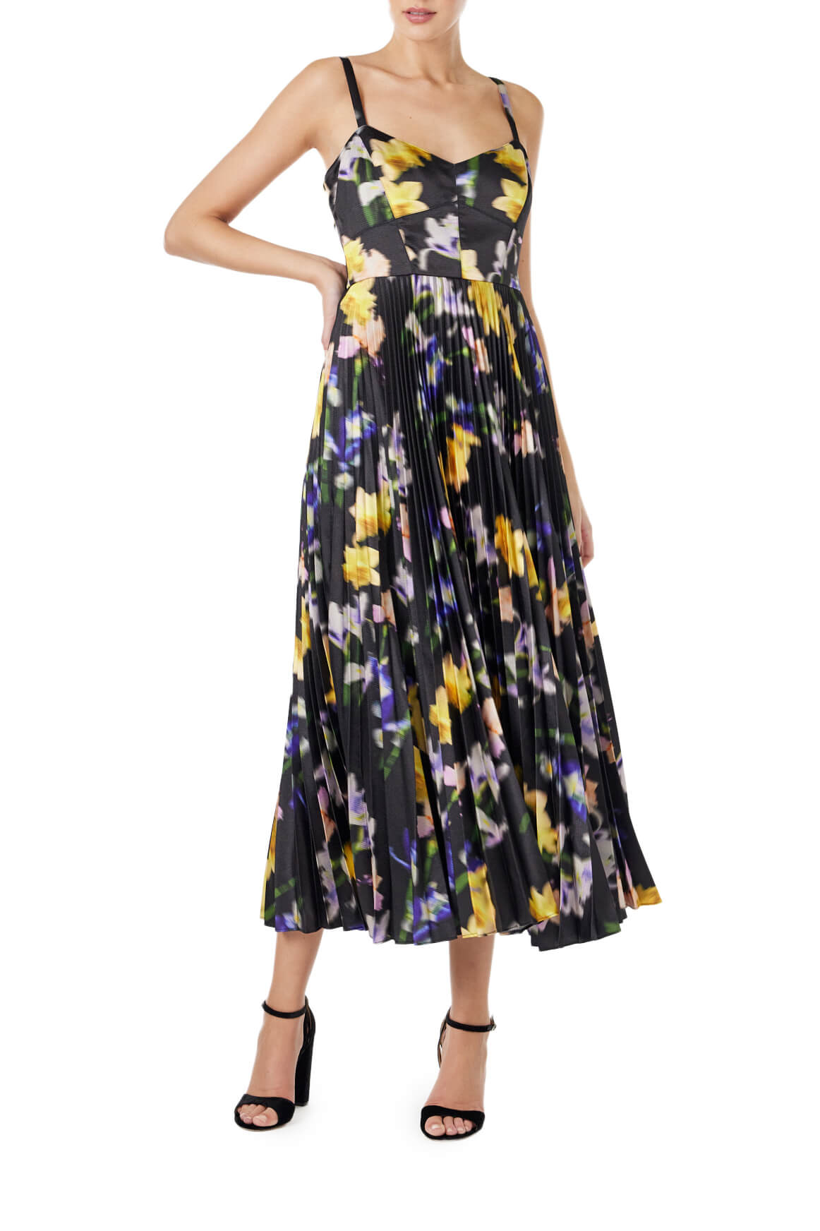 ML Monique Lhuillier  dark floral printed satin midi dress with thin straps and a pleated skirt.