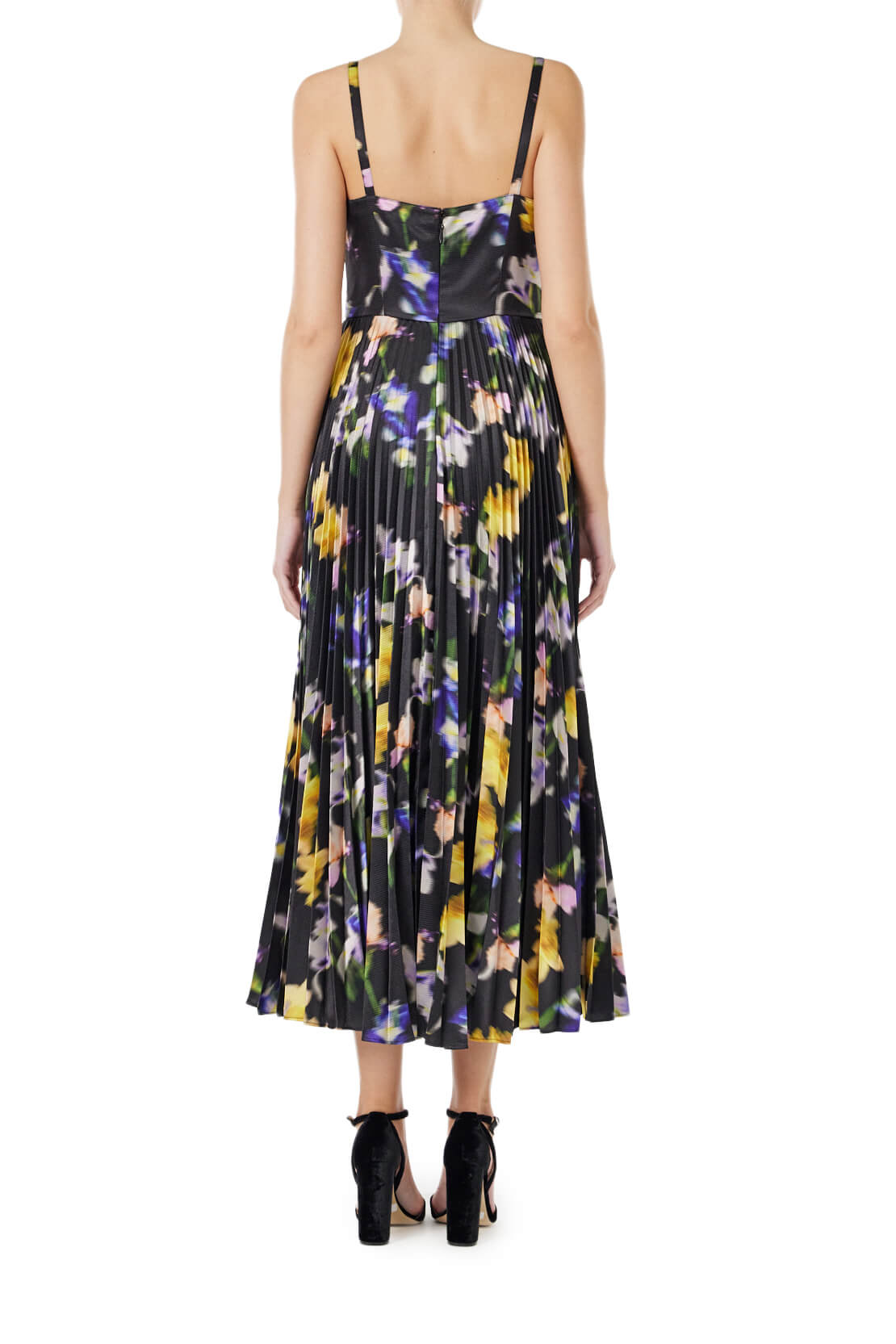 ML Monique Lhuillier  dark floral printed satin midi dress with thin straps and a pleated skirt.