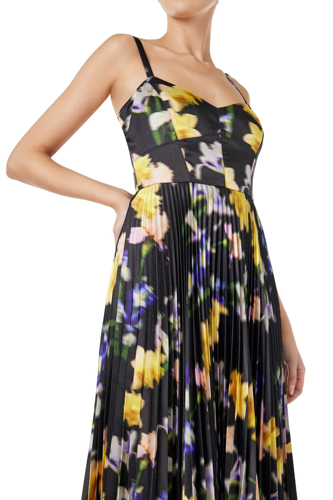 ML Monique Lhuillier  dark floral printed satin midi dress with thin straps and a pleated skirt.