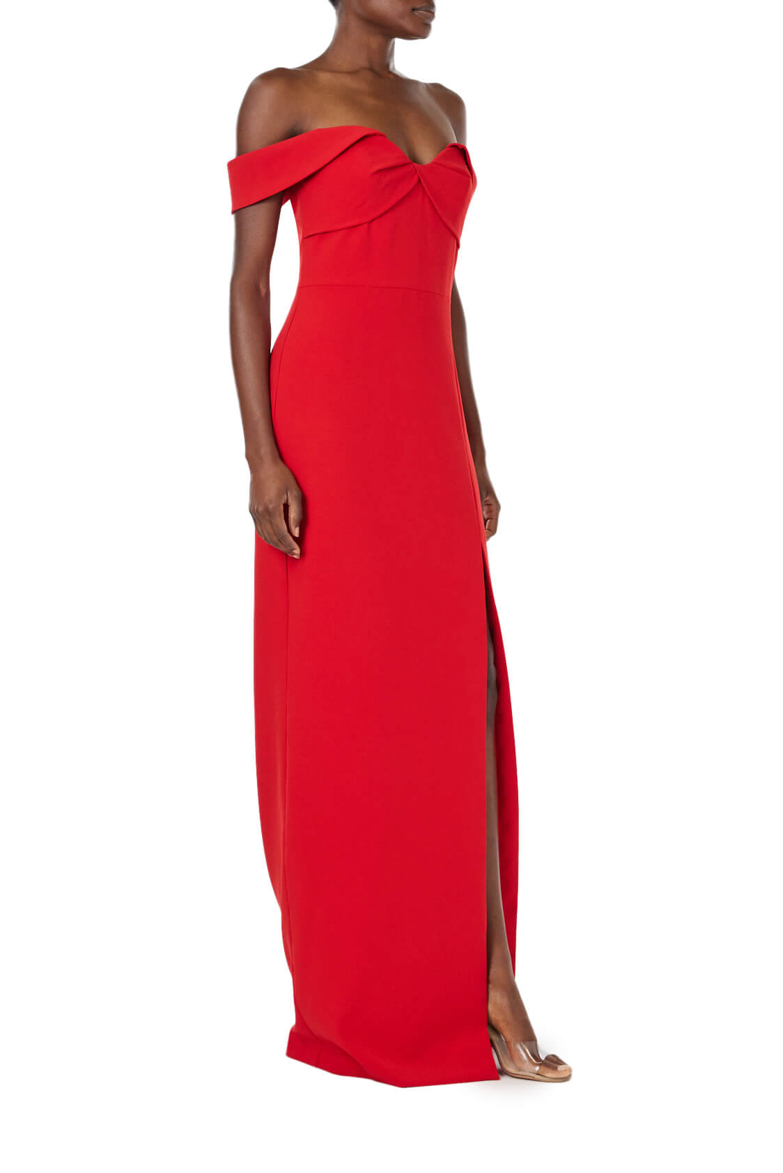 ML Monique Lhuillier red crêpe long dress with off the shoulder, sweetheart neckline.