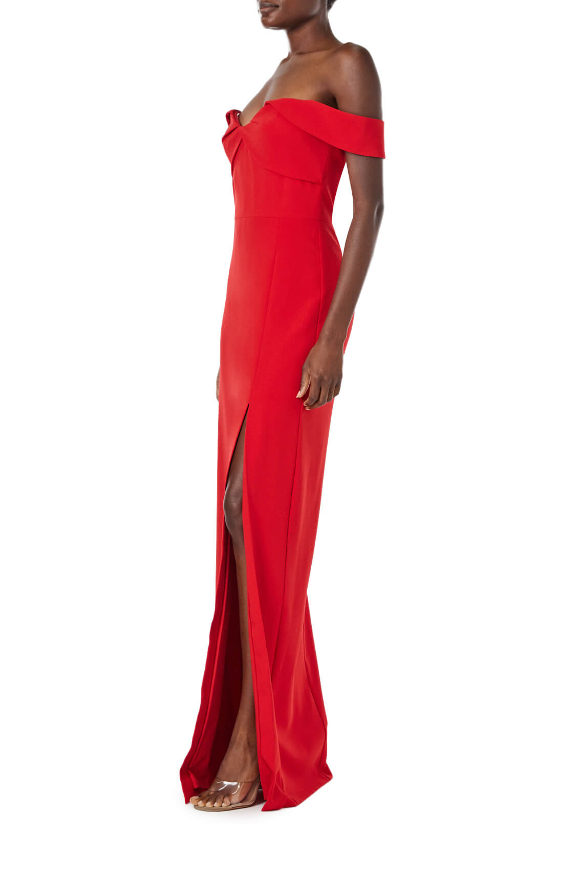 ML Monique Lhuillier red crêpe long dress with off the shoulder, sweetheart neckline.