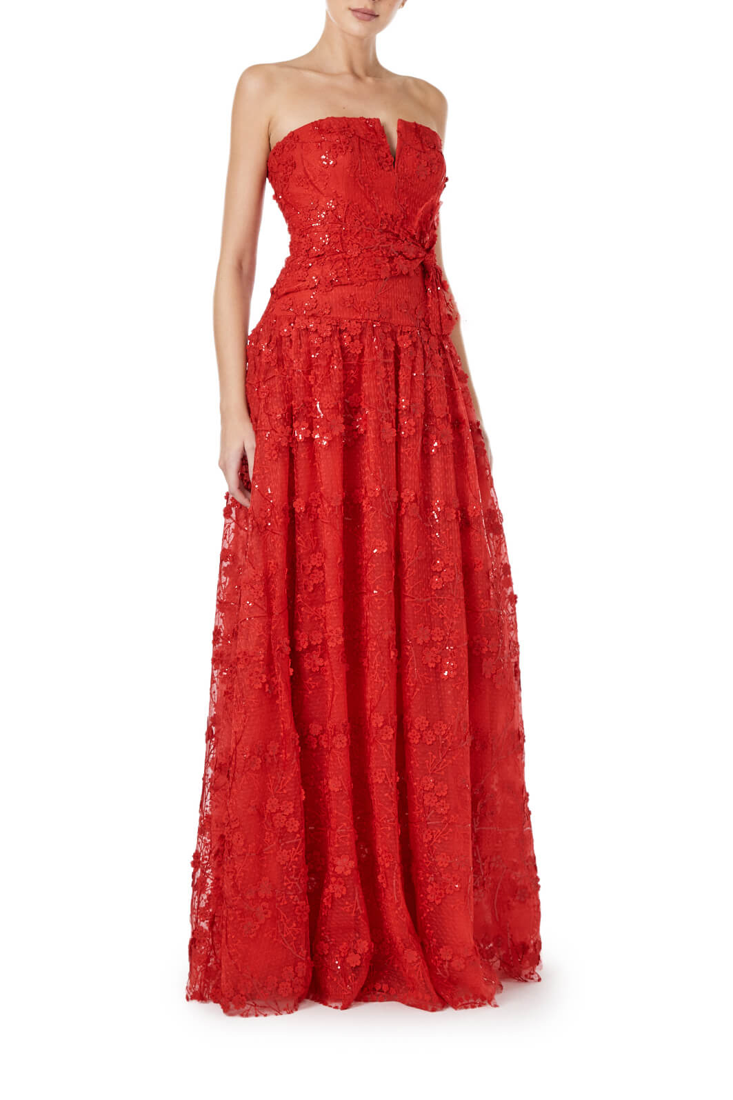 ML Monique Lhuillier red embroidered tulle long dress with strapless bodice and drop waist.