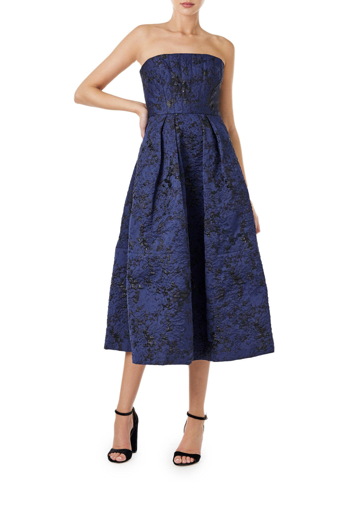 ML Monique Lhuillier strapless, midi-length dress in metallic navy jacquard.