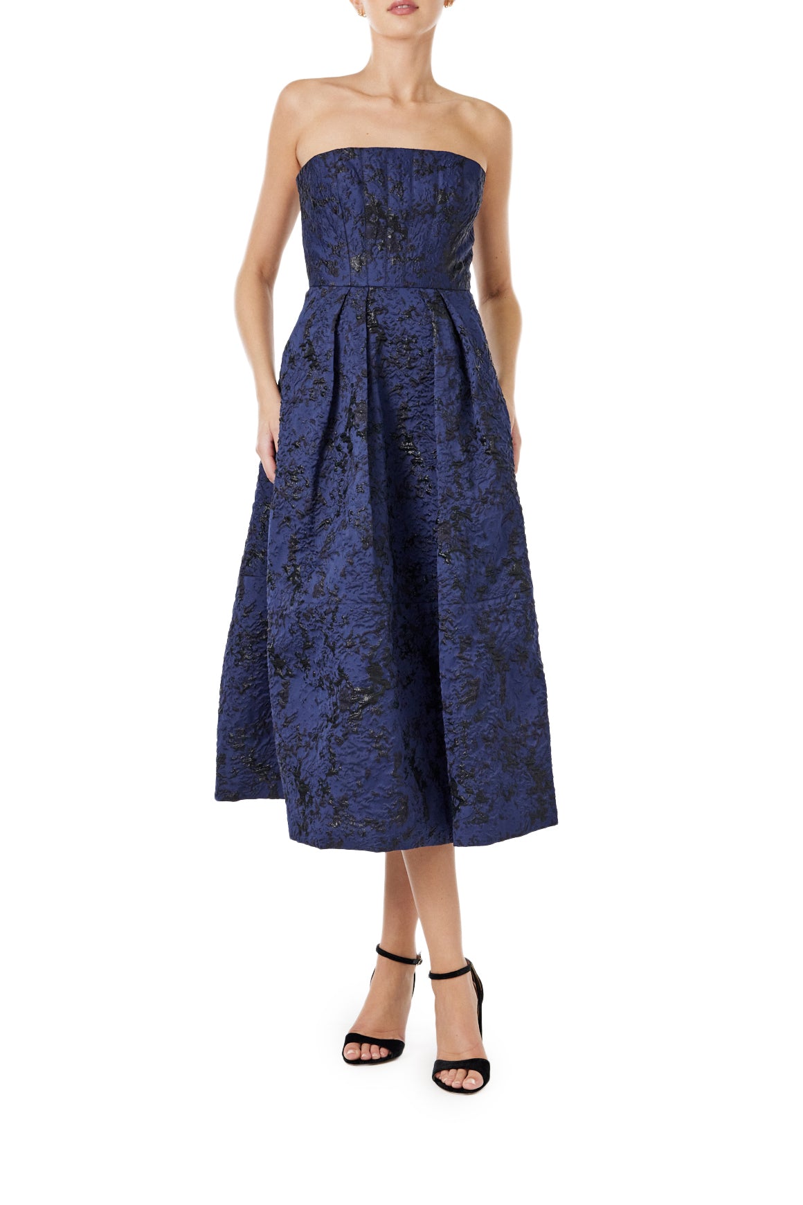 ML Monique Lhuillier strapless, midi-length dress in metallic navy jacquard.