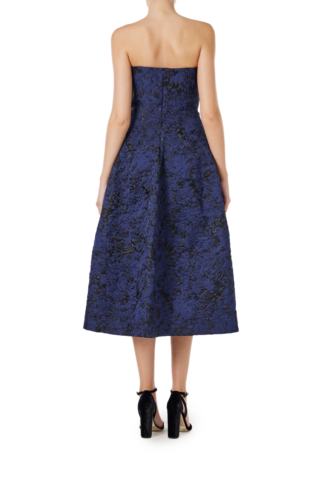 ML Monique Lhuillier strapless, midi-length dress in metallic navy jacquard.