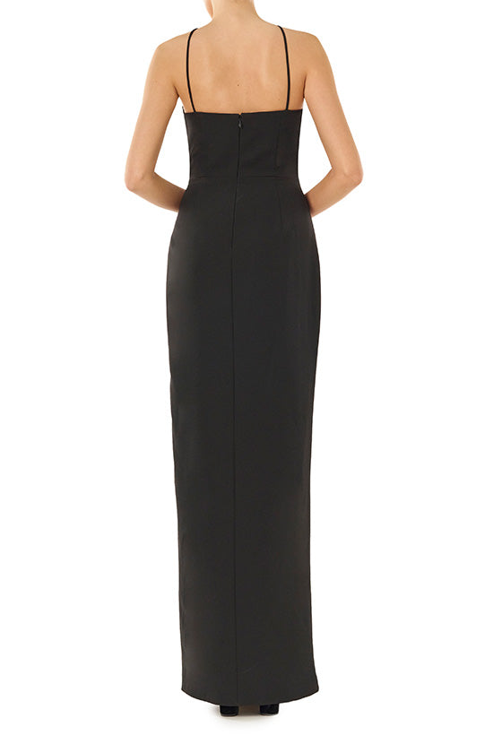 MLML Monique Lhuillier black crepe floor length dress with crystal embellished halter neckline and high leg slit.