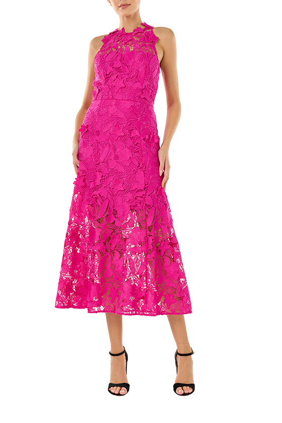 ML Monique Lhuillier sleeveless midi dress in 3D berry colored lace