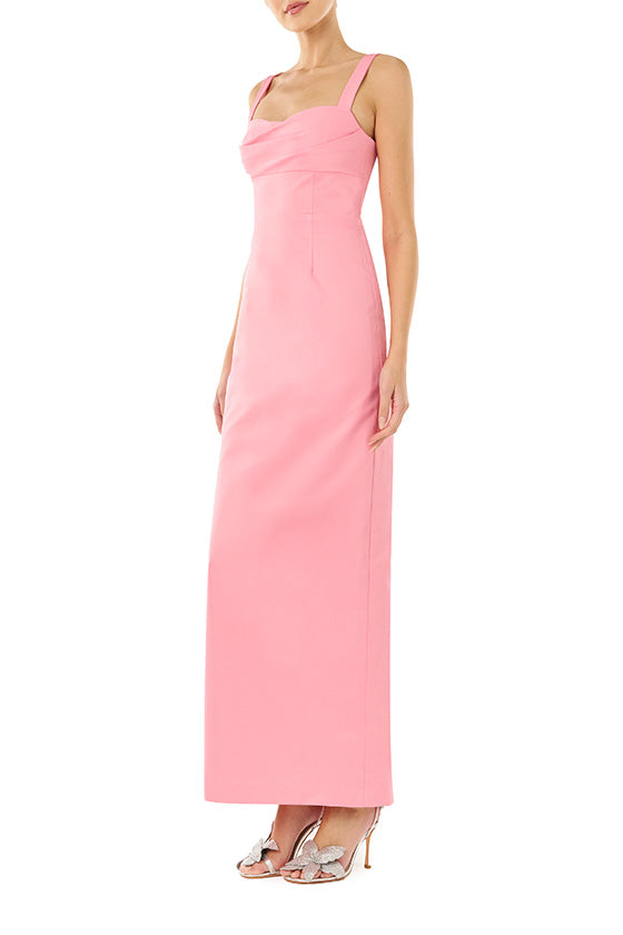 ML Monique Lhuillier pink faille long dress with draped neckline.