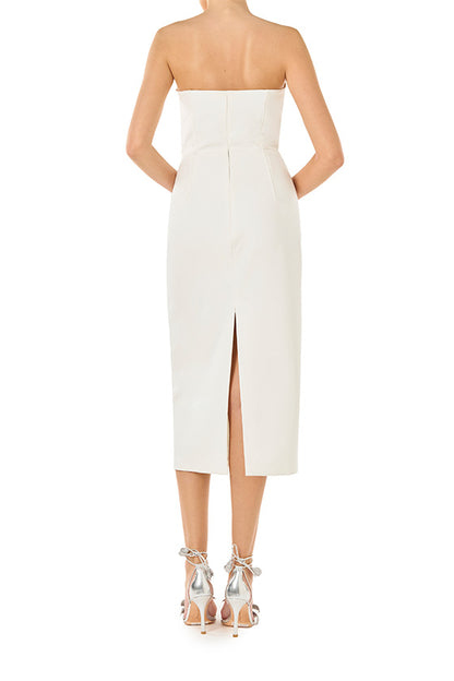 ML Monique Lhuillier Spring 2024 strapless ivory crepe midi dress with rosette detail at neckline - back.