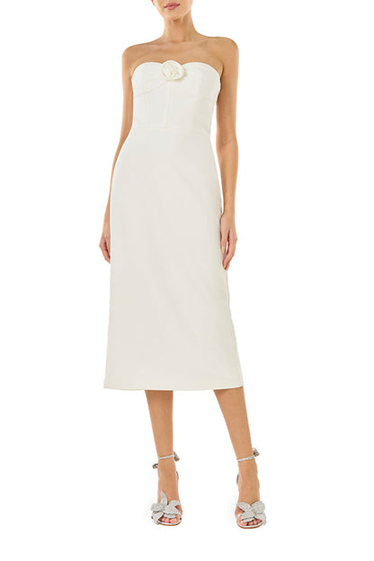 ML Monique Lhuillier Spring 2024 strapless ivory crepe midi dress with rosette detail at neckline - front.