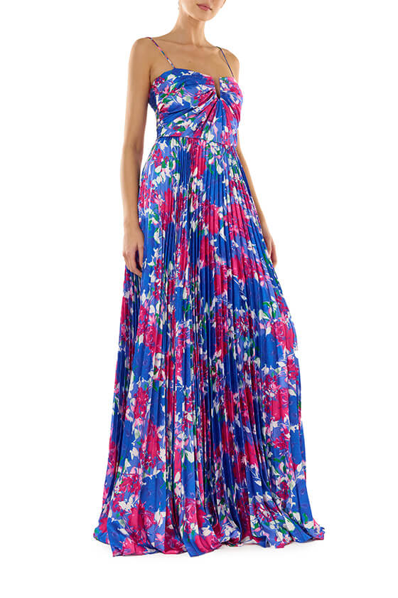 ML Monique Lhuillier blue and purple Hydrangea printed satin floor length dress.