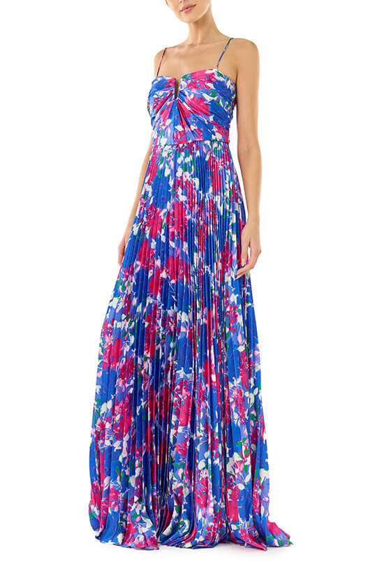 ML Monique Lhuillier blue and purple Hydrangea printed satin floor length dress.