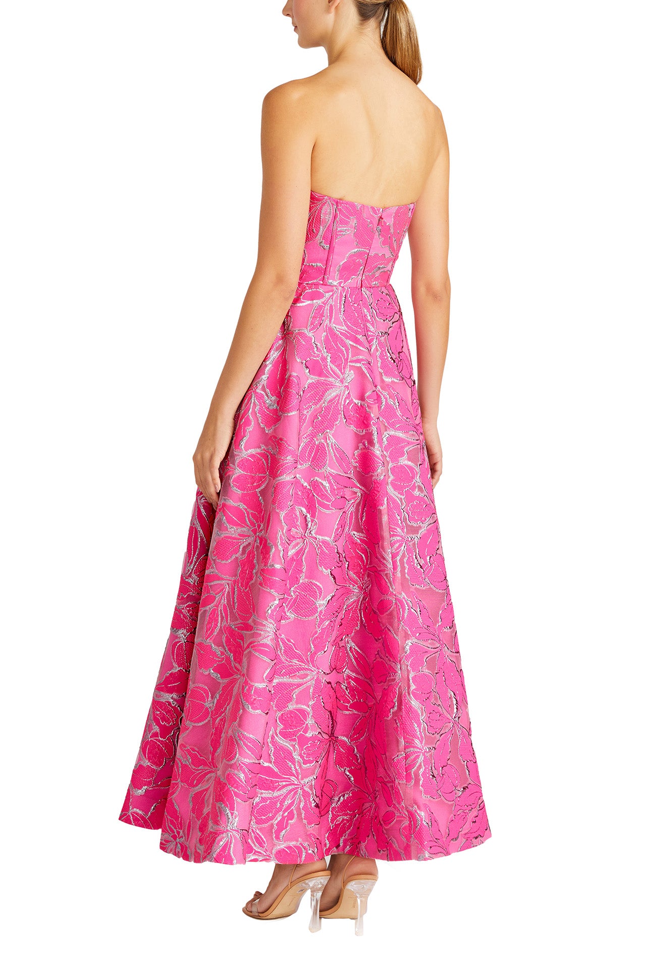 ML Monique Lhuillier Summer 2024 Strapless, metallic pink organza jacquard midi dress with sweetheart neckline and boning in bodice - back.